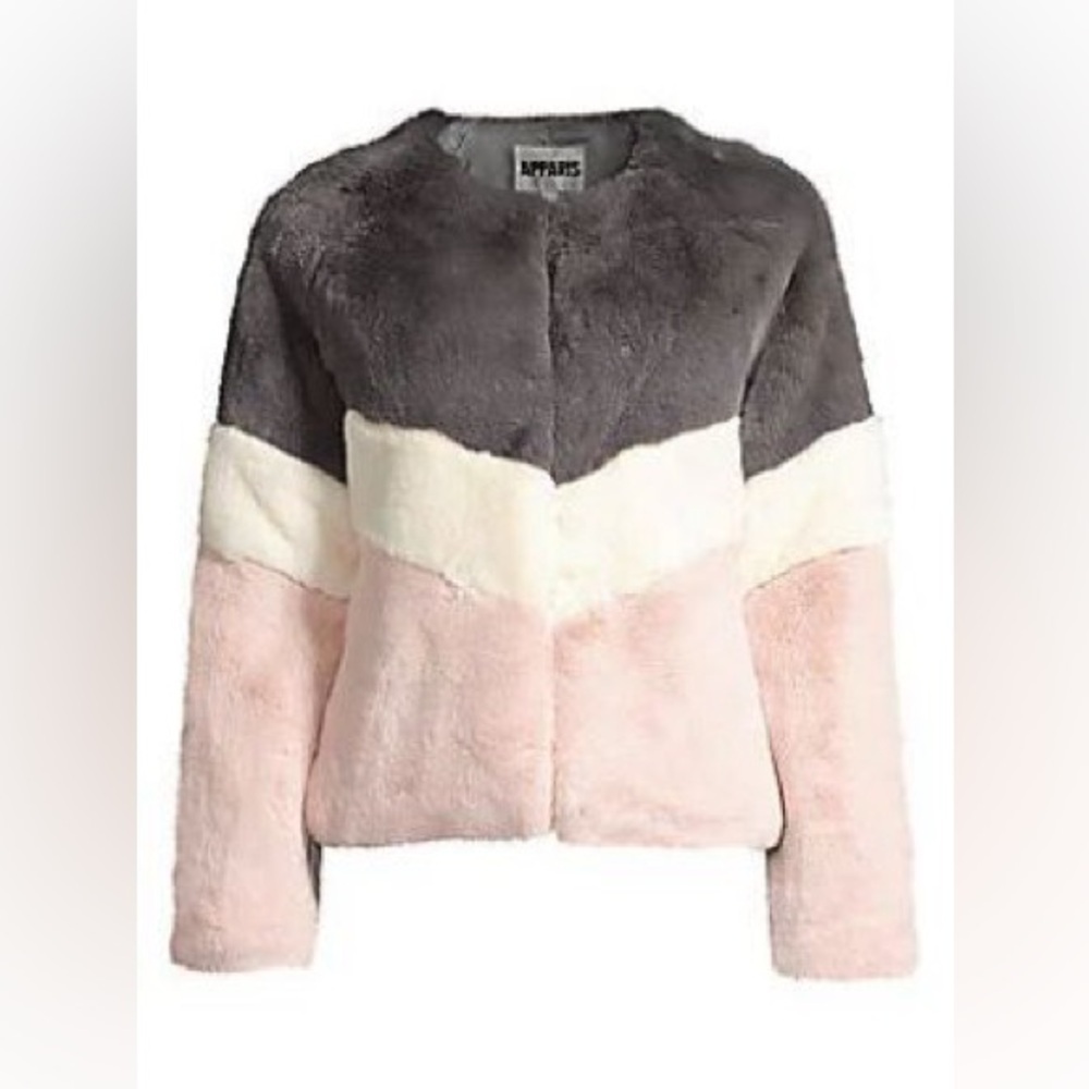 Apparis Brigitte Colorblock Faux Fur Jacket Coat In Grey Pink White Small